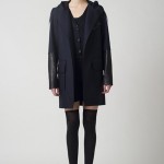 PF11_Look 04 Navy wool felt parka with navy Tibetan goat “trench flap” and leather zip cuffs, Bi-color double layer cardigan, Black ribbed knit short