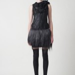 PF11_Look 06 Black pressed wrinkled satin sleeveless shift dress with jet bead and faille fringe embellished neckline, Charcoal Tibetan goat apron skirt