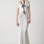 PF11_Look 07 Oyster washed silk plunging V-back gown with soft ruching and chiffon godets
