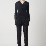 PF11_Look 09 Black merino double layer crested cardigan, Black stretch wool short with georgette pant legs