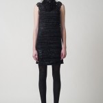 PF11_Look 10 Navy lurex basketweave tank shift dress with black sheer chiffon reveal side panels and jet epaulettes