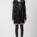 PF11_Look 13 Black shearling pieced coat with leather binding and motorcycle zipper, Charcoal sheer merino crew neck pullover, Black ribbed knit short