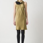 PF11_Look 16 Gold washed silk cocktail dress with asymmetrical ruched neckline and bugle bead fringe embellishment