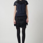 PF11_Look 19 Navy crepe de chine t-shirt dress with black faille fringe bib and crystal epaulettes, Black Tibetan goat apron skirt