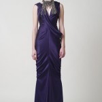 PF11_Look 20 Plum washed silk asymmetrically draped ruched gown