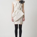 PF11_Look 21 Bone faille draped dress with peplum and sequin fringe shoulder