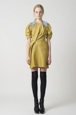 PF11_Look 22 Gold lightweight ottoman draped cocktail dress with sleeves and crystal epaulettes
