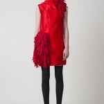 PF11_Look 24 Red pressed satin shift dress with pleated neckline and fringe embellishment on shoulder and hip