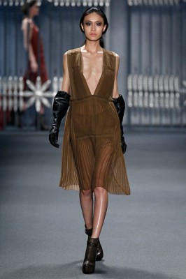 How would you wear this vicuna chiffon multi-pleated deep V-neck dress from Vera's Fall 2011 RTW Collection?