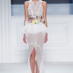 White silk chiffon eyelet tiered top with white psychedelic printed peplum drawstring belt & white silk chiffon eyelet maxi skirt
