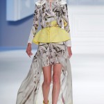 White psychedelic printed stretch cotton hooded long sleeve pullover & yellow super piqué peplum draw- string belt with white psychedelic printed chiffon carved hem skirt