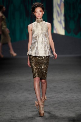 Look 36: White Indian brocade tulip top with gold jeweled collar over gold hammered bullion skirt | Photography: Dan Lecca